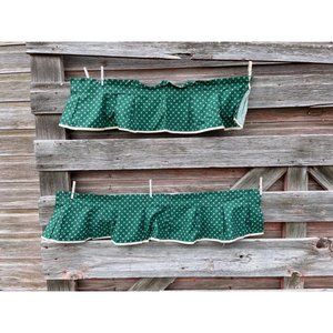Vintage Pair 1960s Green/Beige Dot Pleated Curtain Valance Cotton